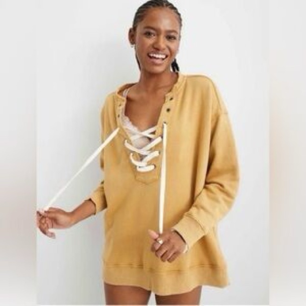 NWT aerie Mustard Lace-Up Sweatshirt Hoodie